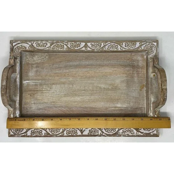 RUSTIC Carved Wooden Serving Tray Rectangular 17x12 With 2 Handles India - Picture 3 of 8